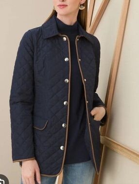 Chico's Size 2 12/14 Quilted Navy Barn Jacket with Brown LeatherTrim